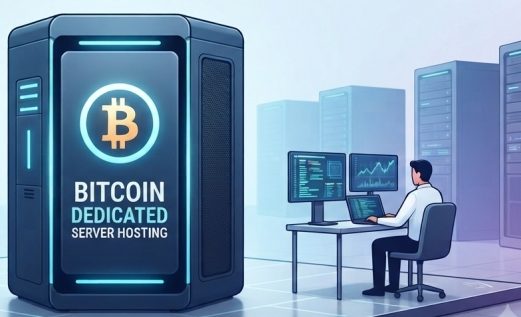 bitcoin dedicated server represented by graphical image and server admin working