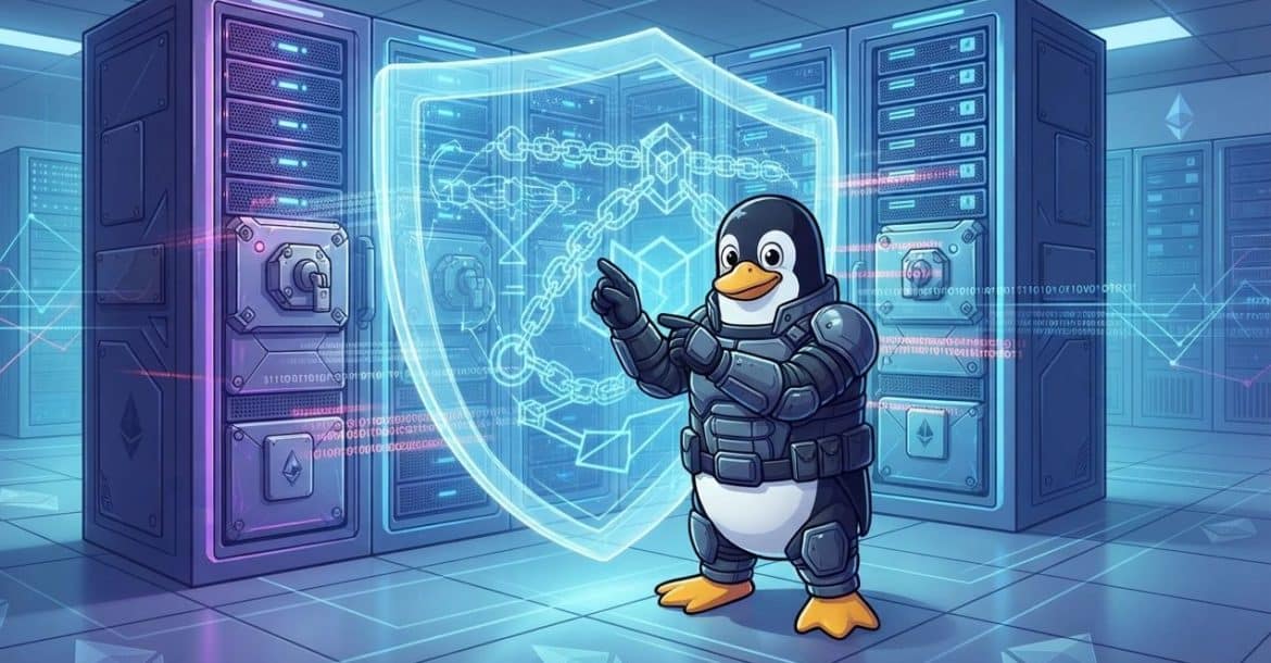 Crypto VPS server hardening - image of Linux penguine, servers, and shield.